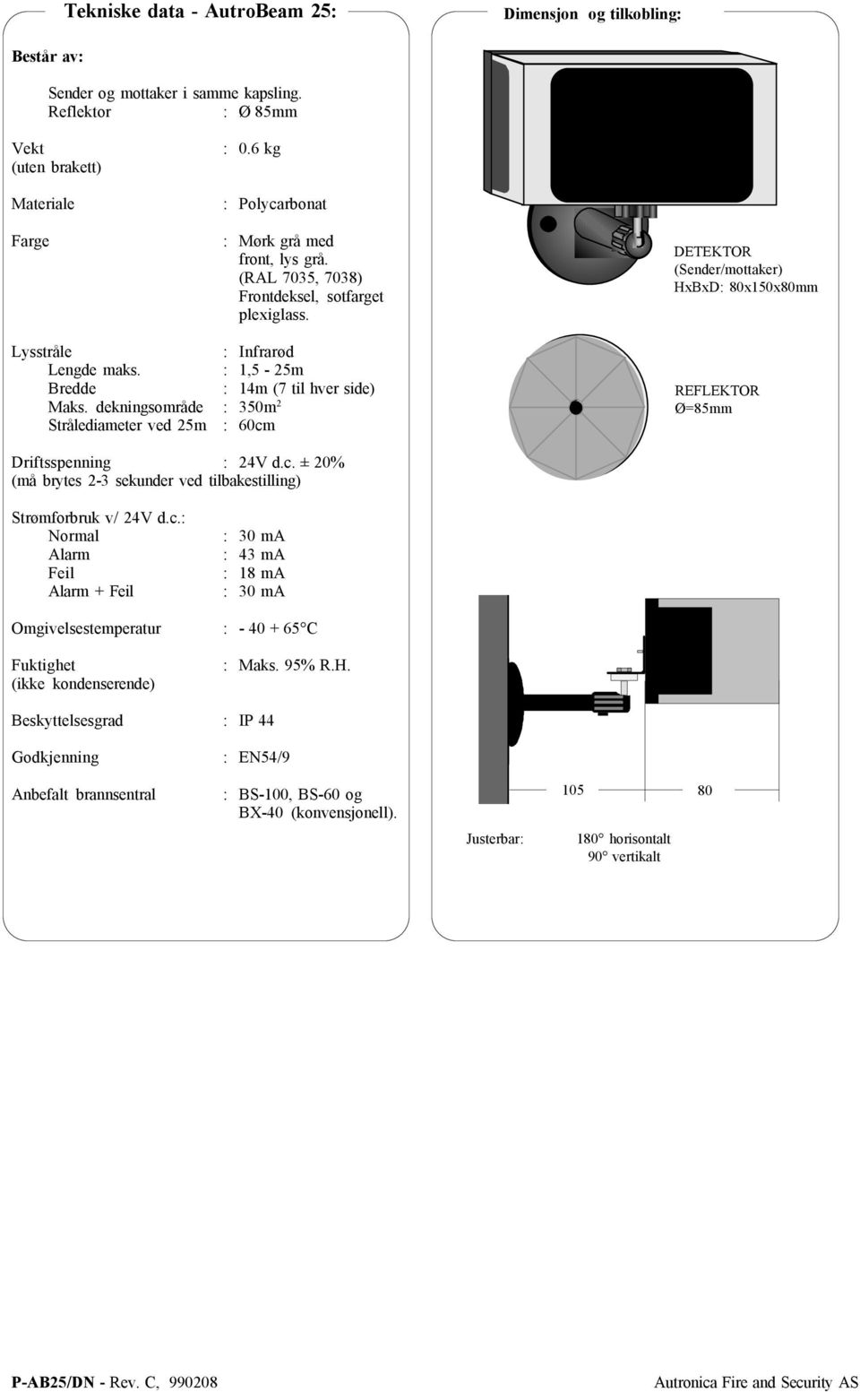 : 1,5-25m Bredde : 14m (7 til hver side) Maks. dekningsområde : 350m 2 Strålediameter ved 25m : 60cm REFLEKTOR Ø=85mm Driftsspenning : 24V d.c. ± 20% (må brytes 2-3 sekunder ved tilbakestilling) Strømforbruk v/ 24V d.