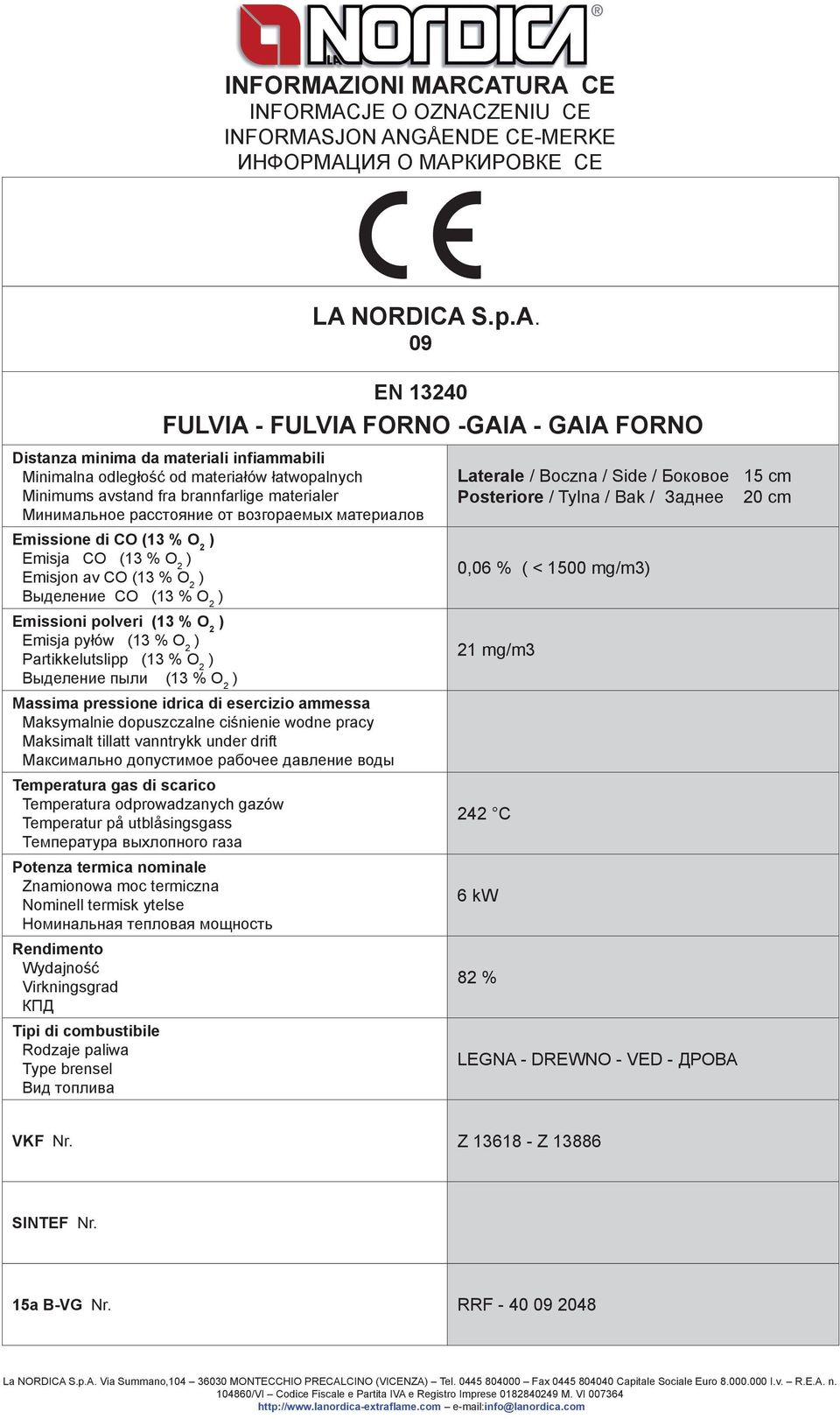 CATURA CE INFORMACJE O OZNACZENIU CE INFORMASJON ANGÅENDE CE-MERKE ИНФОРМАЦИЯ О МАРКИРОВКЕ CE LA NORDICA S.p.A. 09 EN 13240 FULVIA - FULVIA FORNO -GAIA - GAIA FORNO Distanza minima da materiali