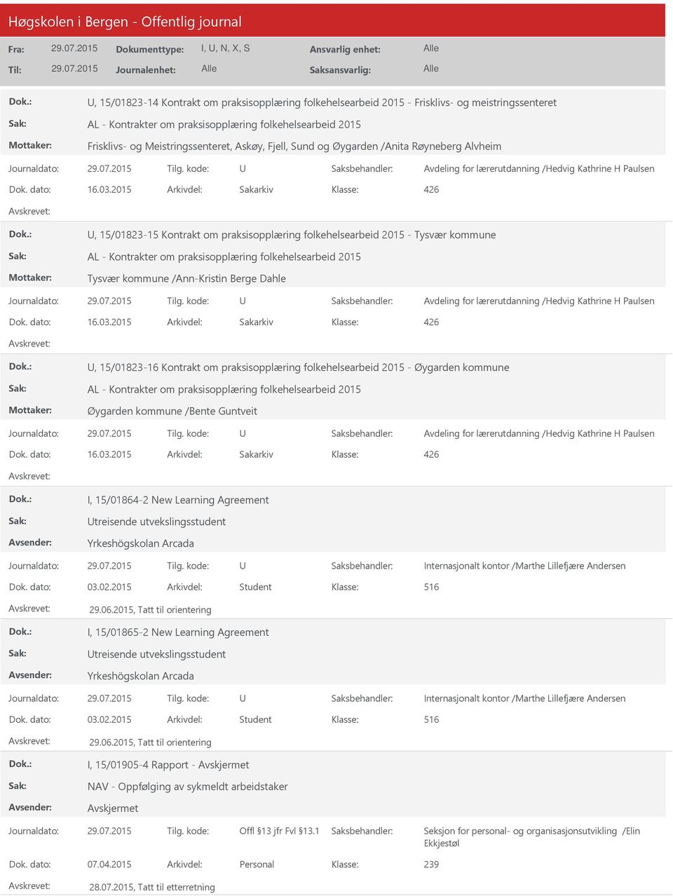 dato: 16.03.2015 Arkivdel: Sakarkiv I, 15/01864-2 New Learning Agreement treisende utvekslingsstudent Yrkeshögskolan Arcada Internasjonalt kontor /Marthe Lillefjære Andersen Dok. dato: 03.02.