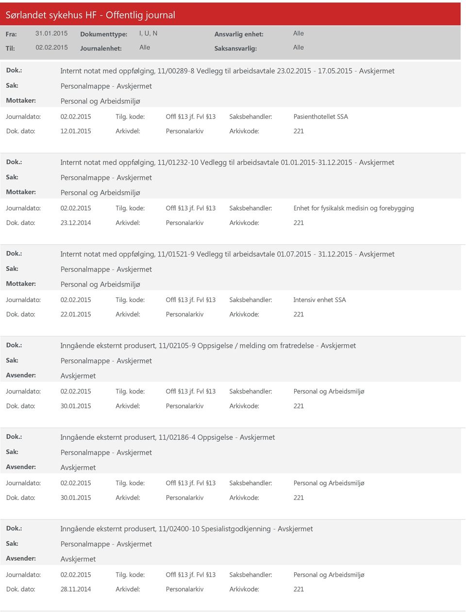 01.2015 Personalarkiv 221 Inngående eksternt produsert, 11/02105-9 Oppsigelse / melding om fratredelse - Personalmappe - 30.01.2015 Personalarkiv 221 Inngående eksternt produsert, 11/02186-4 Oppsigelse - Personalmappe - 30.