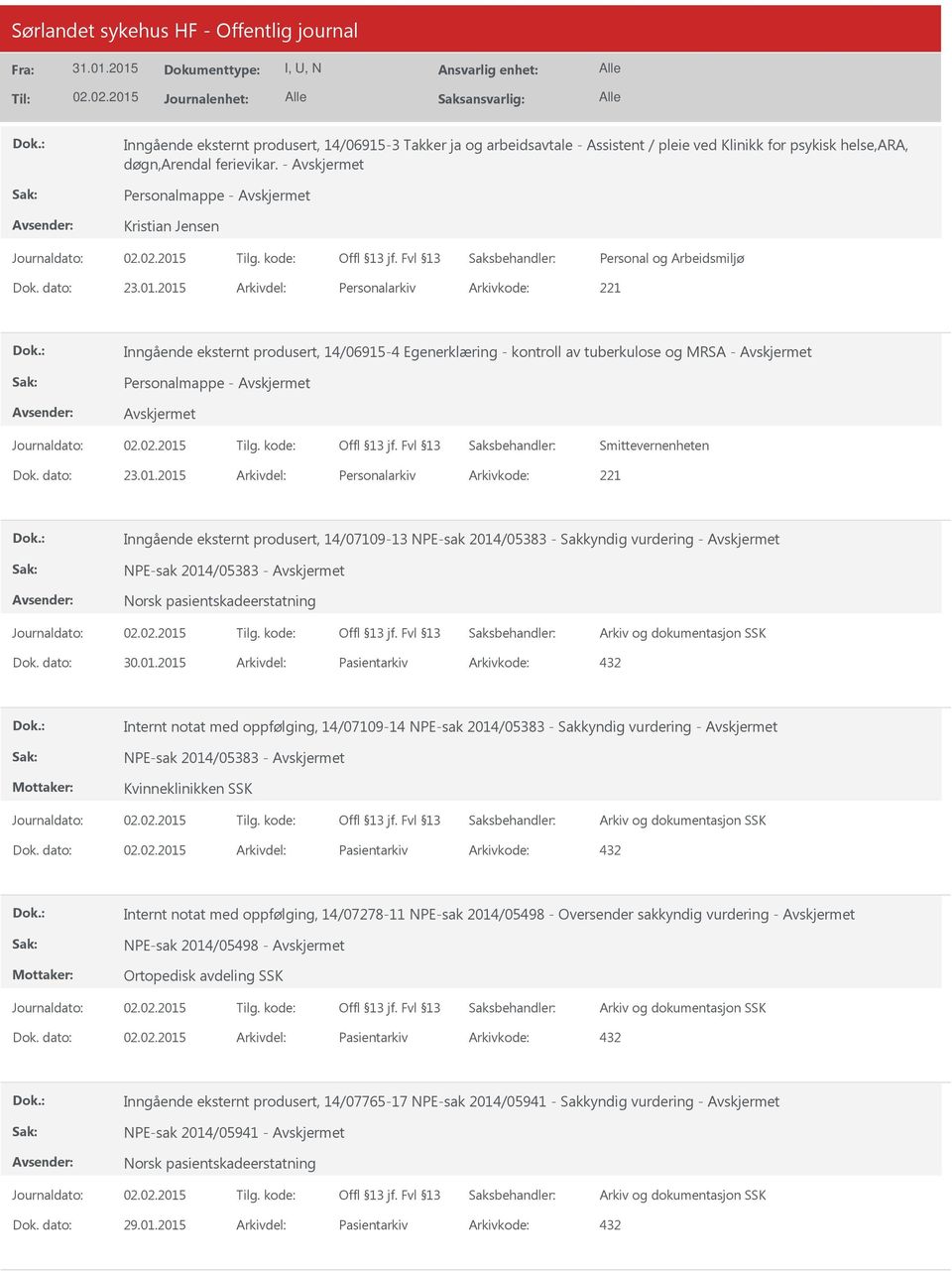 01.2015 Pasientarkiv 432 Internt notat med oppfølging, 14/07109-14 NPE-sak 2014/05383 - Sakkyndig vurdering - NPE-sak 2014/05383 - Kvinneklinikken SSK Arkiv og dokumentasjon SSK Pasientarkiv 432