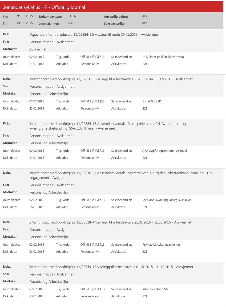 for rus- og avhengighetsbehandling, SSA, 100 % vikar - Personalmappe - ARA avgiftningsenheten Arendal 21.01.