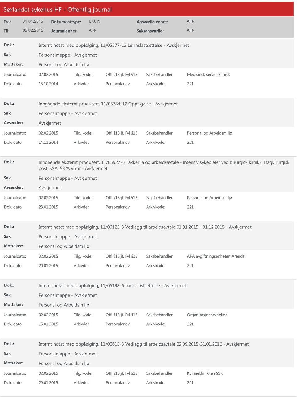 05784-12 Oppsigelse - Personalmappe - 14.11.05927-6 Takker ja og arbeidsavtale - intensiv sykepleier ved Kirurgisk klinikk, Dagkirurgisk post, SSA, 53 % vikar - Personalmappe - 23.01.