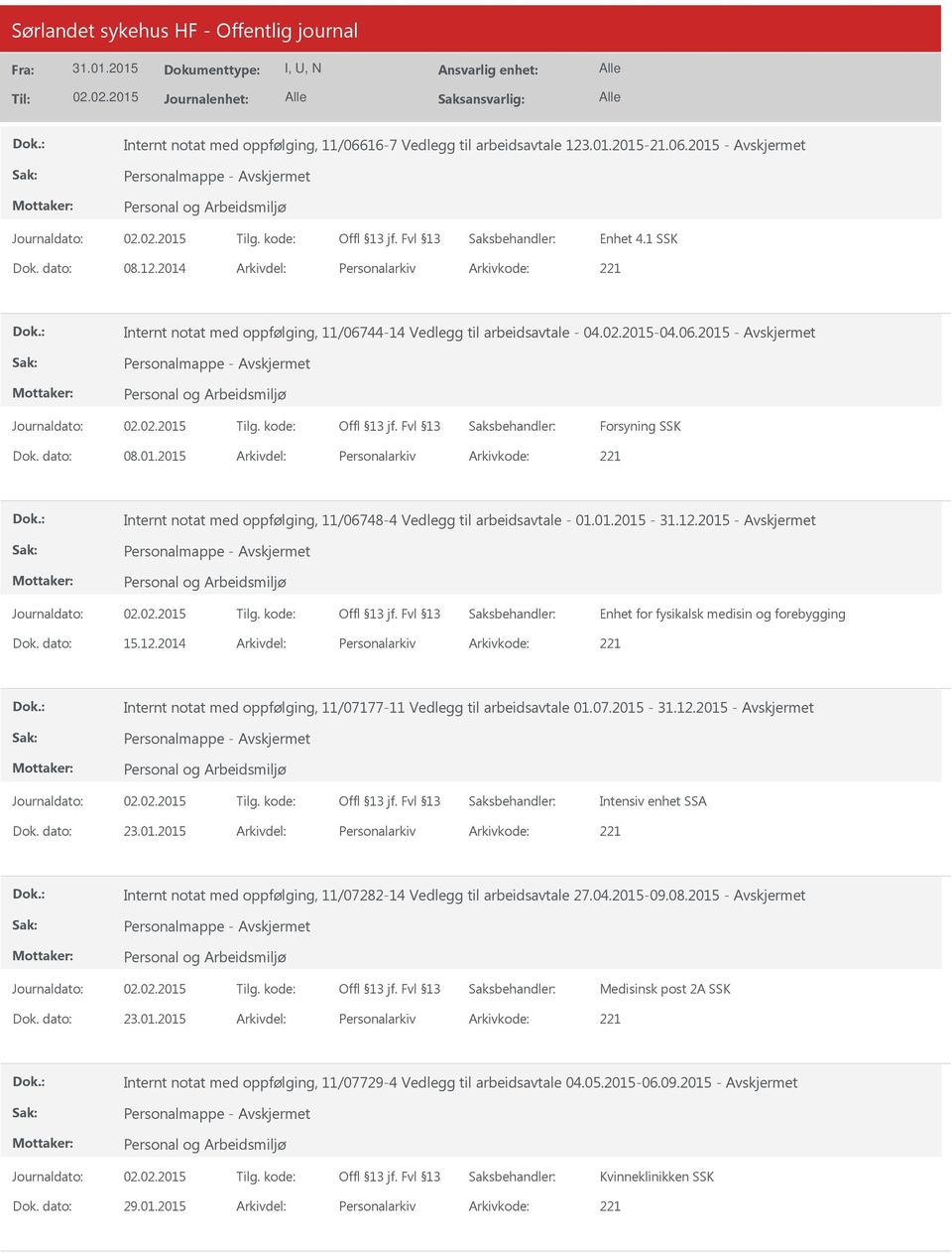 2015 - Personalmappe - Enhet for fysikalsk medisin og forebygging 15.12.2014 Personalarkiv 221 Internt notat med oppfølging, 11/07177-11 Vedlegg til arbeidsavtale 01.07.2015-31.12.2015 - Personalmappe - Intensiv enhet SSA 23.