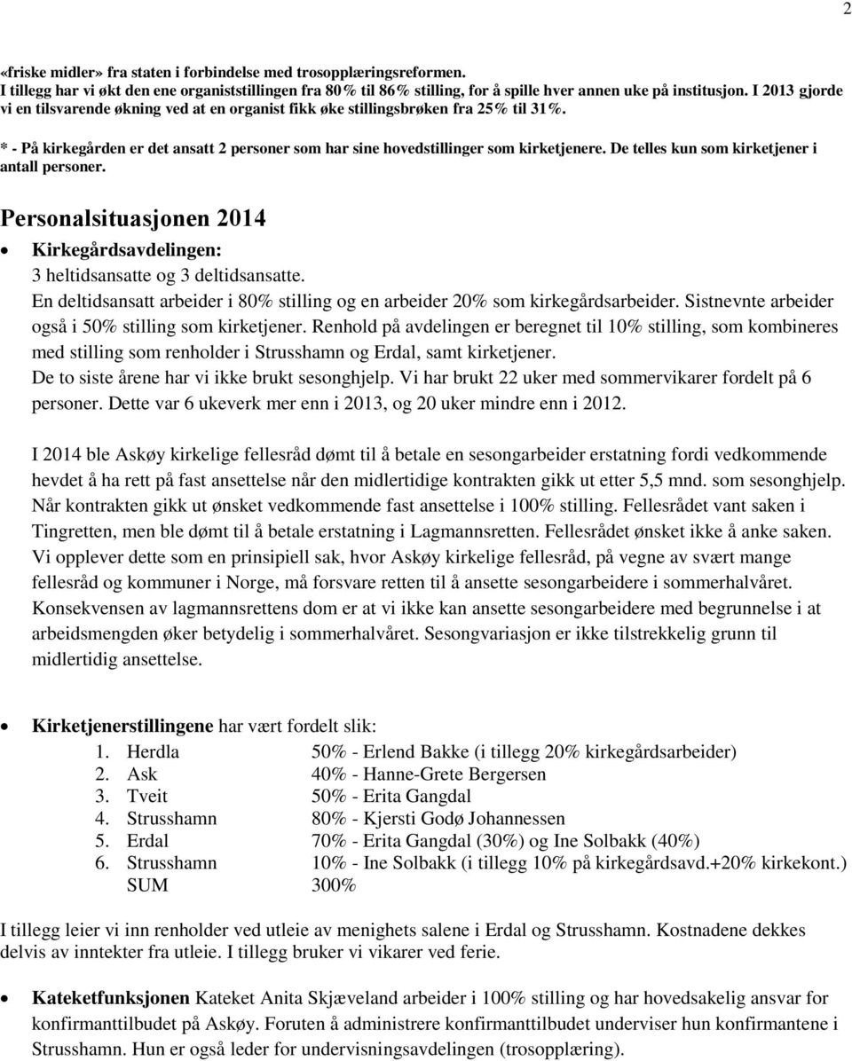 De telles kun som kirketjener i antall personer. Personalsituasjonen 2014 Kirkegårdsavdelingen: 3 heltidsansatte og 3 deltidsansatte.