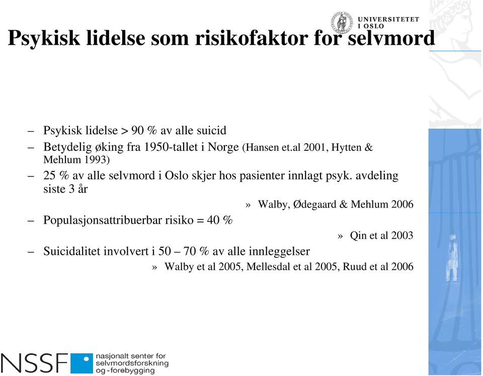 al 2001, Hytten & Mehlum 1993) 25 % av alle selvmord i Oslo skjer hos pasienter innlagt psyk.