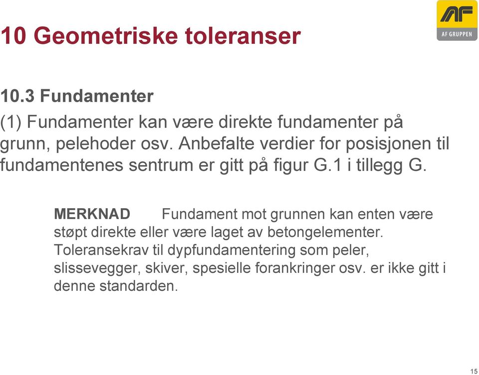 Anbefalte verdier for posisjonen til fundamentenes sentrum er gitt på figur G.1 i tillegg G.