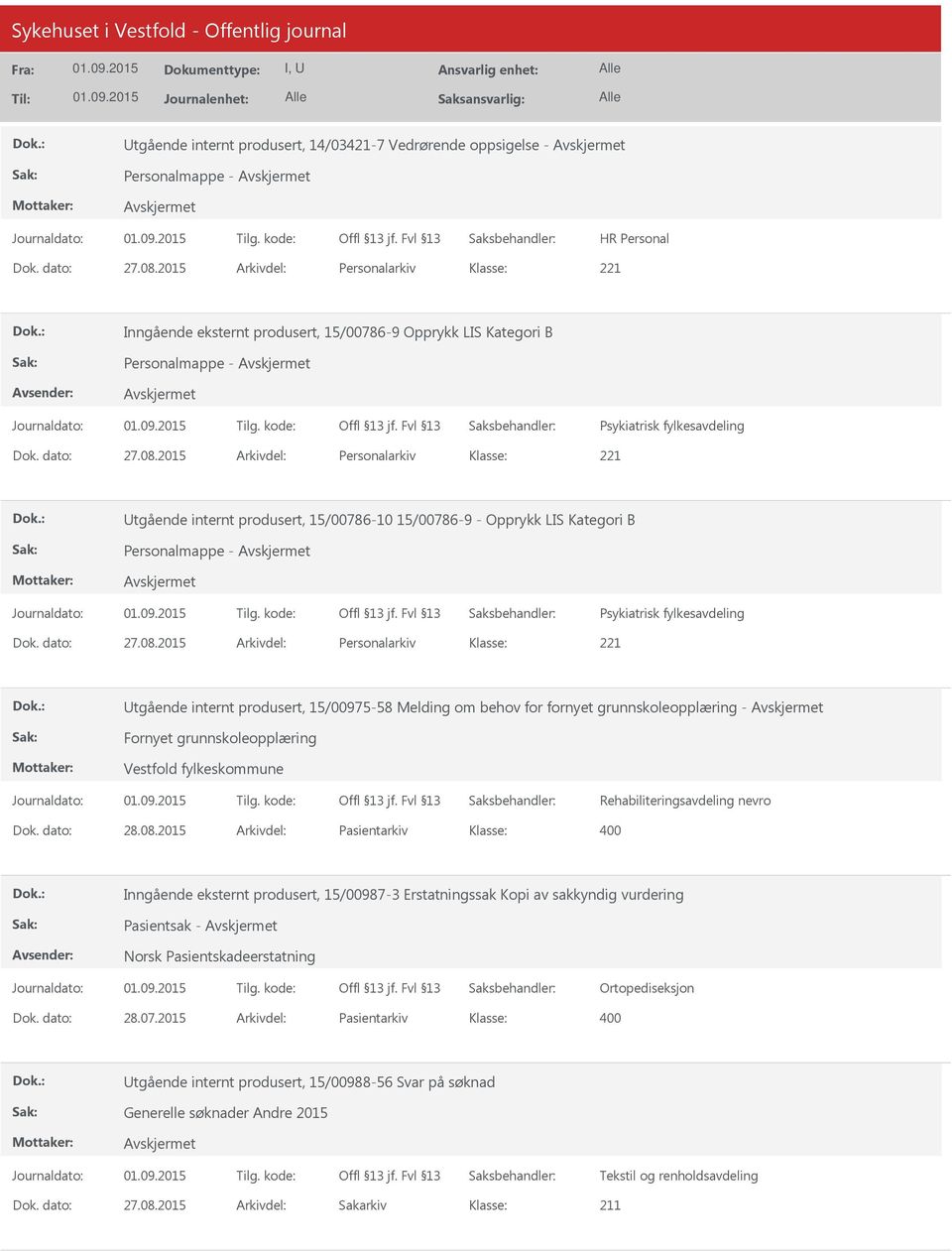 2015 Arkivdel: Personalarkiv tgående internt produsert, 15/00786-10 15/00786-9 - Opprykk LIS Kategori B Personalmappe - Psykiatrisk fylkesavdeling Dok. dato: 27.08.