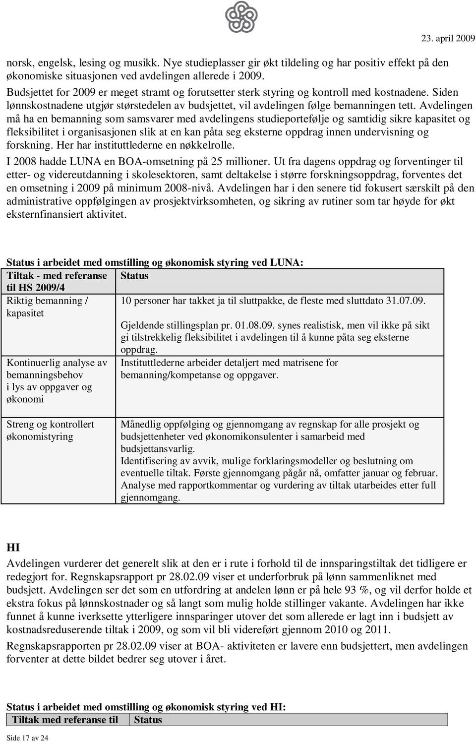 Avdelingen må ha en bemanning som samsvarer med avdelingens studieportefølje og samtidig sikre kapasitet og fleksibilitet i organisasjonen slik at en kan påta seg eksterne oppdrag innen undervisning