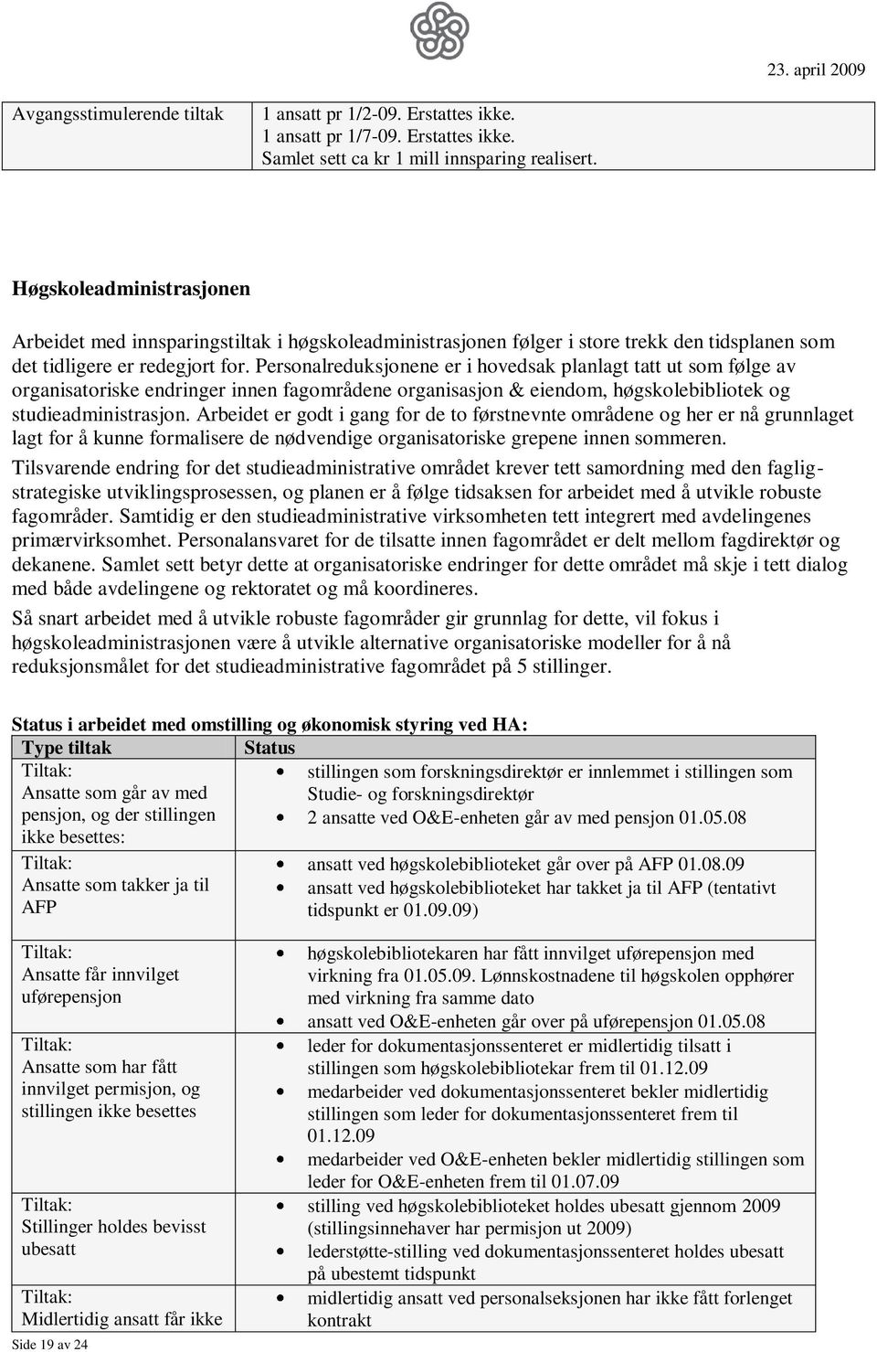 Personalreduksjonene er i hovedsak planlagt tatt ut som følge av organisatoriske endringer innen fagområdene organisasjon & eiendom, høgskolebibliotek og studieadministrasjon.