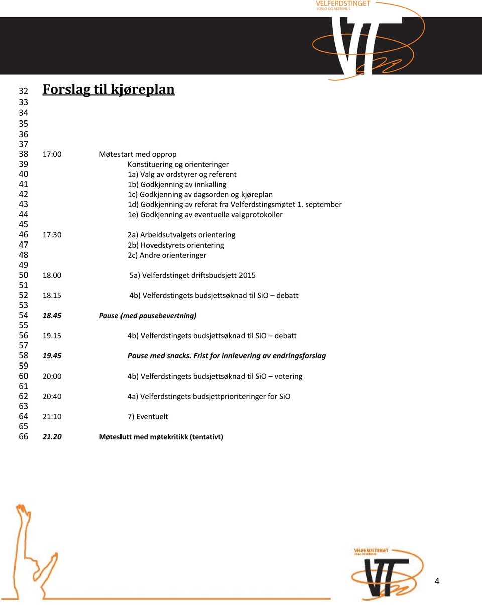 september 1e) Godkjenning av eventuelle valgprotokoller 17:30 2a) Arbeidsutvalgets orientering 2b) Hovedstyrets orientering 2c) Andre orienteringer 18.00 5a) Velferdstinget driftsbudsjett 2015 18.