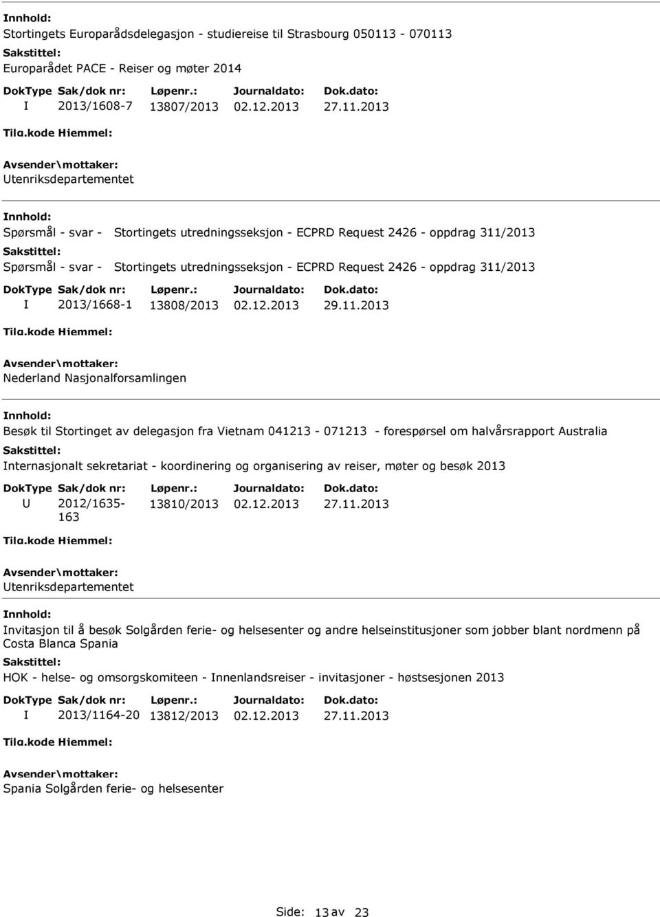 2013 Spørsmål - svar - Stortingets 2013 2013/1668-1 13808/2013 29.11.