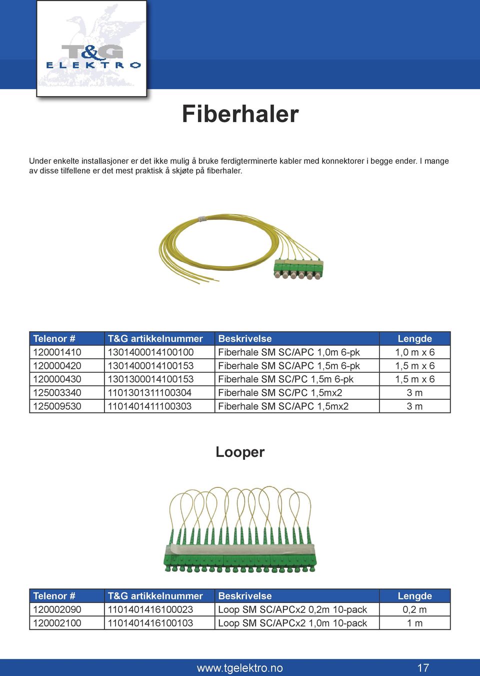 Telenor # T&G artikkelnummer Beskrivelse Lengde 120001410 1301400014100100 Fiberhale SM SC/APC 1,0m 6-pk 1,0 m x 6 120000420 1301400014100153 Fiberhale SM SC/APC 1,5m 6-pk 1,5 m x 6