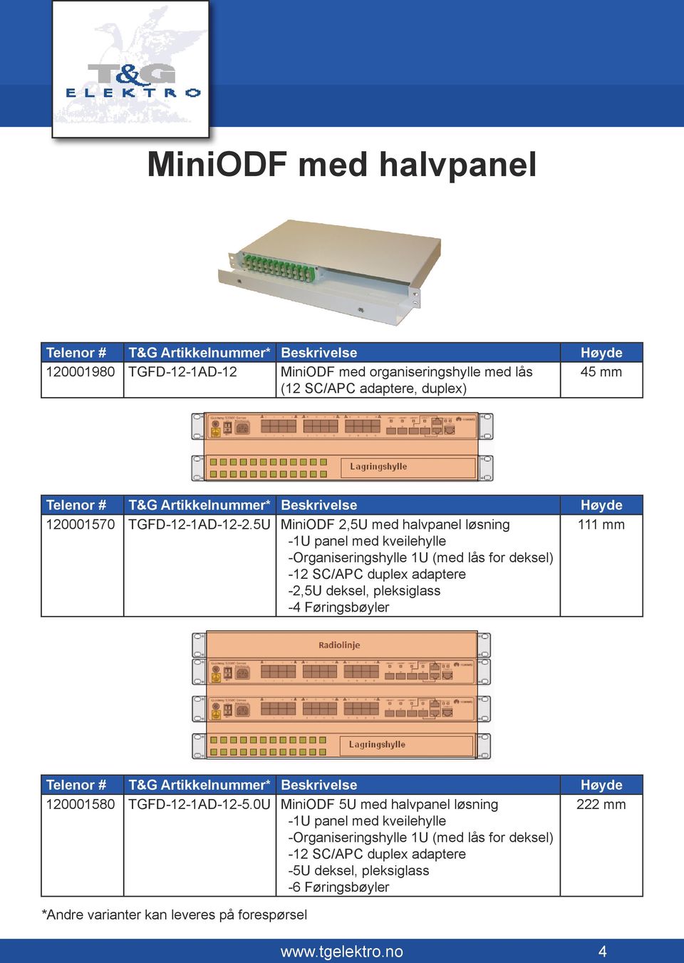 5U MiniODF 2,5U med halvpanel løsning -1U panel med kveilehylle -Organiseringshylle 1U (med lås for deksel) -12 SC/APC duplex adaptere -2,5U deksel, pleksiglass -4 Føringsbøyler 111