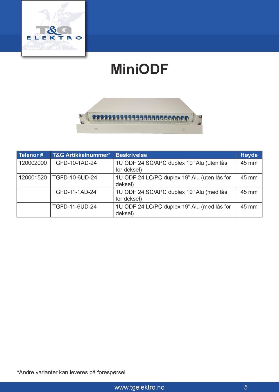 for 45 mm deksel) TGFD-11-1AD-24 1U ODF 24 SC/APC duplex 19" Alu (med lås 45 mm for deksel)