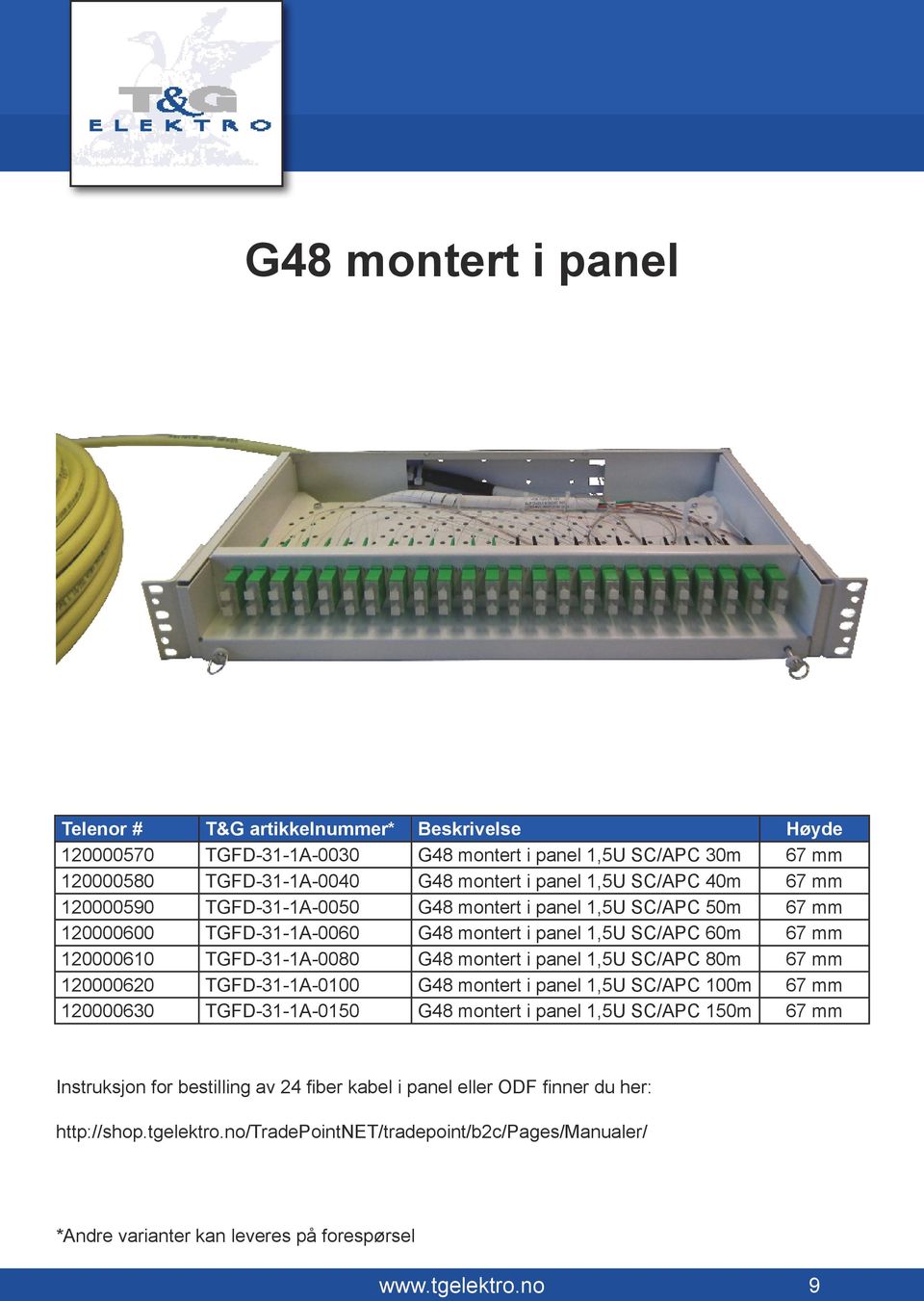 1,5U SC/APC 80m 67 mm 120000620 TGFD-31-1A-0100 G48 montert i panel 1,5U SC/APC 100m 67 mm 120000630 TGFD-31-1A-0150 G48 montert i panel 1,5U SC/APC 150m 67 mm Instruksjon