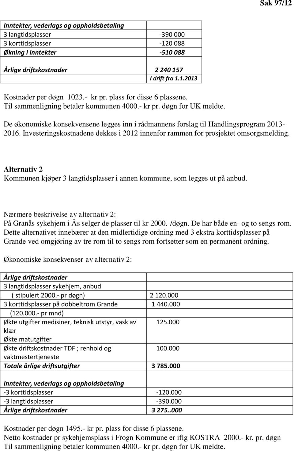 Investeringskostnadene dekkes i 2012 innenfor rammen for prosjektet omsorgsmelding. Alternativ 2 Kommunen kjøper 3 langtidsplasser i annen kommune, som legges ut på anbud.