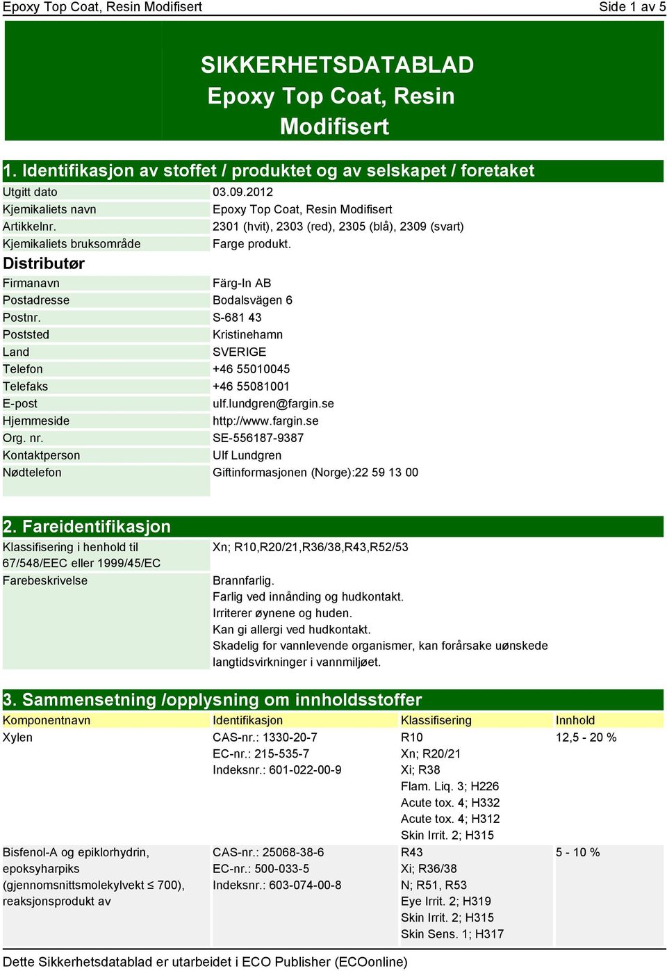 Distributør Firmanavn Färg-In AB Postadresse Bodalsvägen 6 Postnr. S-681 43 Poststed Kristinehamn Land SVERIGE Telefon +46 55010045 Telefaks +46 55081001 E-post ulf.lundgren@fargin.