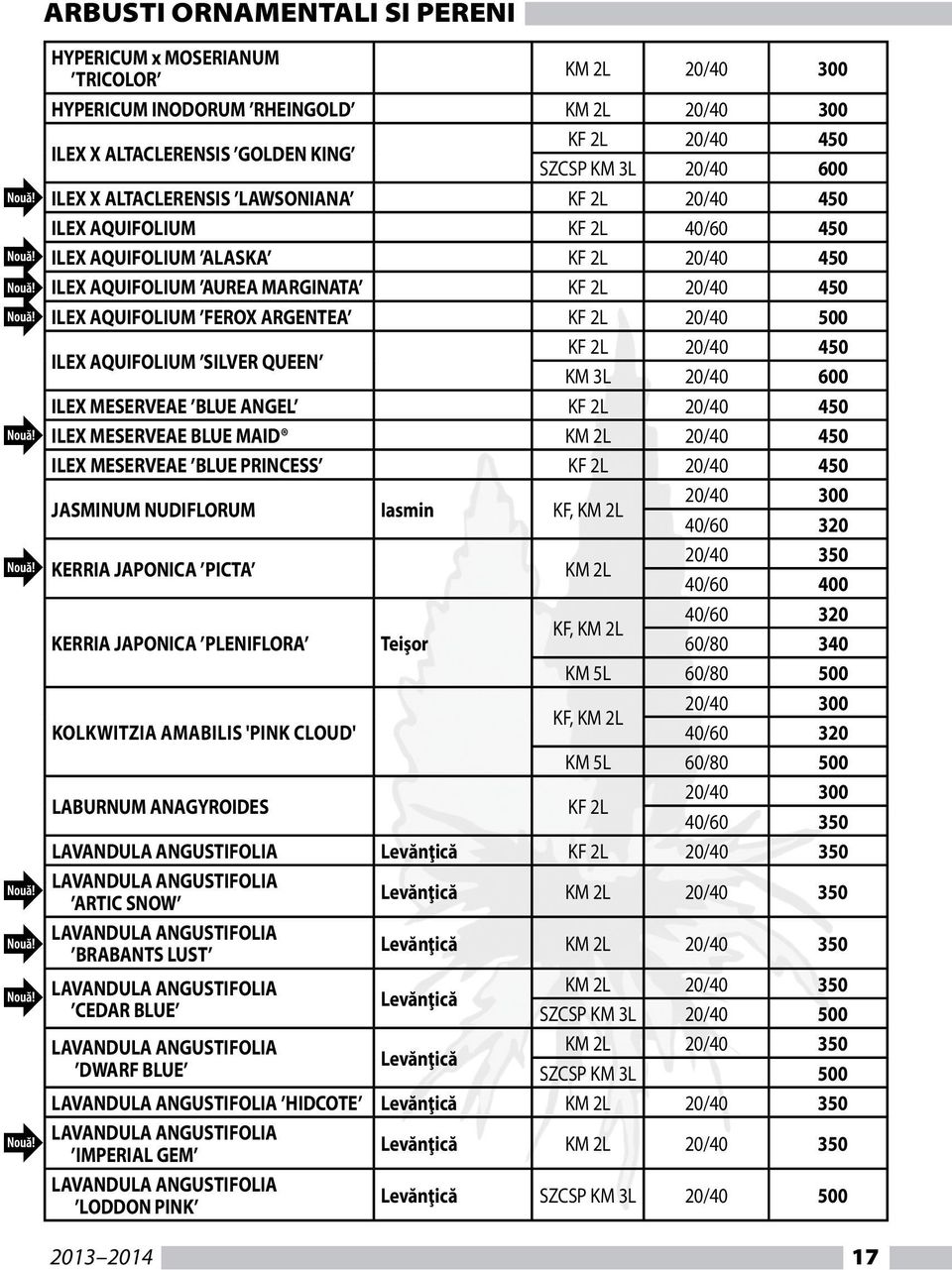 ILEX MESERVEAE BLUE ANGEL 20/40 450 ILEX MESERVEAE BLUE MAID 20/40 450 ILEX MESERVEAE BLUE PRINCESS 20/40 450 JASMINUM NUDIORUM Iasmin KF, KERRIA JAPONICA PICTA 20/40 350 KF, KERRIA JAPONICA PLENIORA