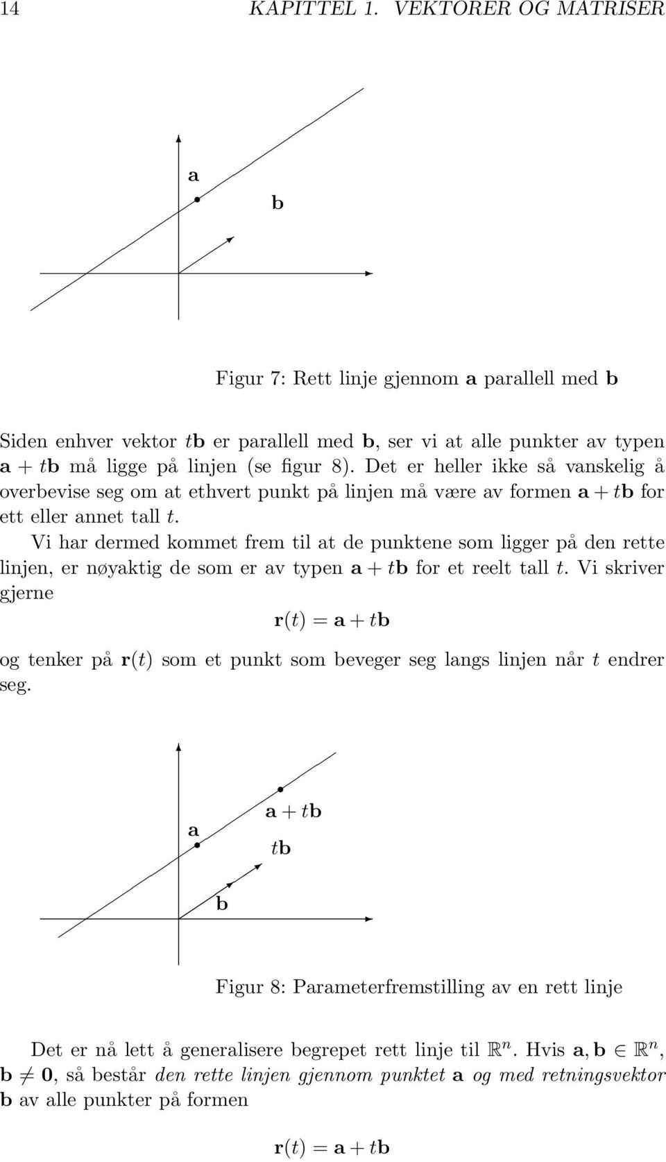 Vi har dermed kommet frem til at de punktene som ligger på den rette linjen, er nøyaktig de som er av typen a + tb for et reelt tall t.