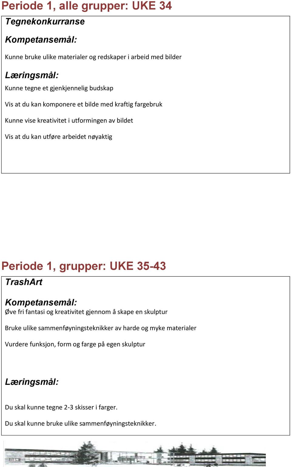 Periode 1, grupper: UKE 35-43 TrashArt Øve fri fantasi og kreativitet gjennom å skape en skulptur Bruke ulike sammenføyningsteknikker av harde og