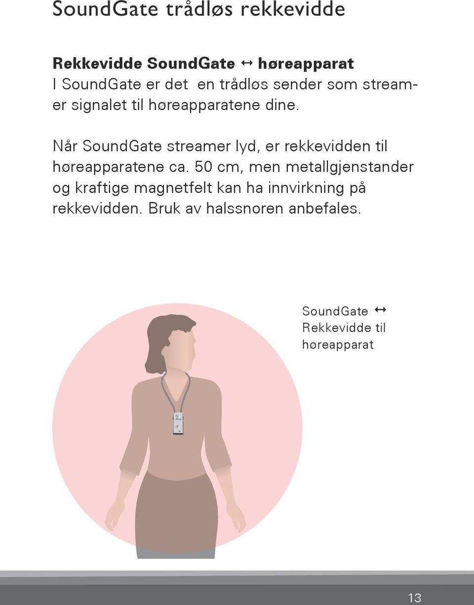 Når SoundGate streamer lyd, er rekkevidden til høreapparatene ca.