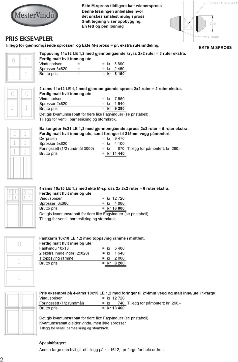 Ferdig malt hvit inne og ute Vindusprisen = = kr 5 690 Sprosser 3x820 = = kr 2 460 Brutto pris = = kr 8 150 EKTE M-SPROSS 2-rams 11x12 LE 1,2 med gjennomgående spross 2x2 ruter = 2 ruter ekstra.