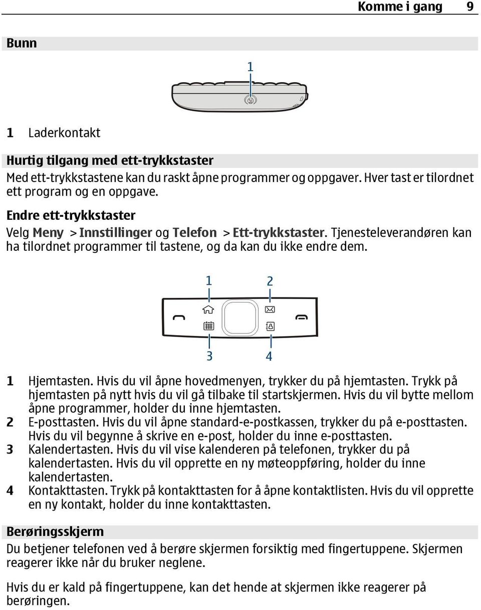 Hvis du vil åpne hovedmenyen, trykker du på hjemtasten. Trykk på hjemtasten på nytt hvis du vil gå tilbake til startskjermen. Hvis du vil bytte mellom åpne programmer, holder du inne hjemtasten.