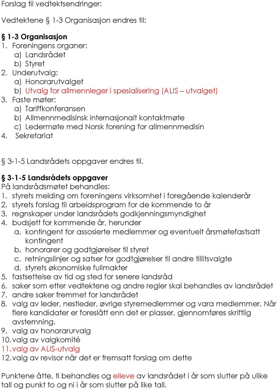 Faste møter: a) Tariffkonferansen b) Allmennmedisinsk internasjonalt kontaktmøte c) Ledermøte med Norsk forening for allmennmedisin 4. Sekretariat 3-1-5 Landsrådets oppgaver endres til.