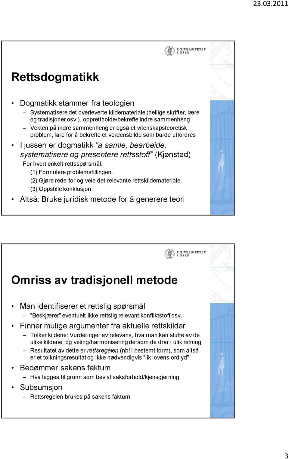 bearbeide, systematisere og presentere rettsstoff (Kjønstad) For hvert enkelt rettsspørsmål: (1) Formulere problemstillingen. (2) Gjøre rede for og veie det relevante rettskildemateriale.