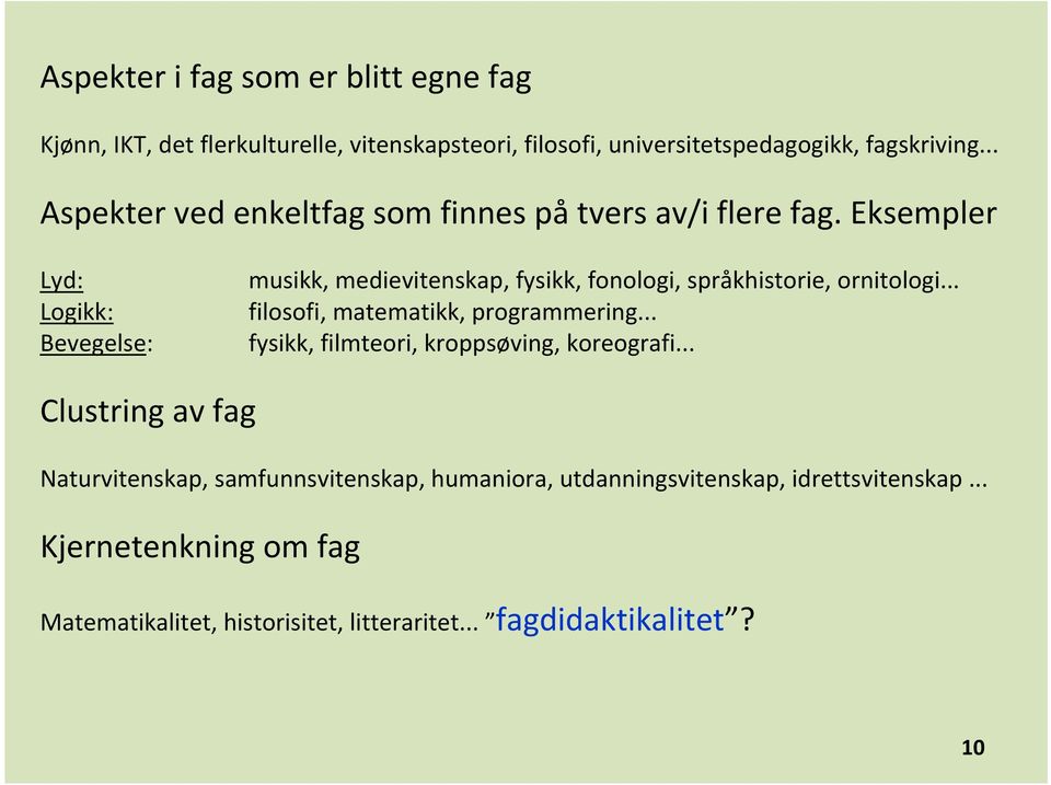 Eksempler Lyd: Logikk: Bevegelse: musikk, medievitenskap, fysikk, fonologi, språkhistorie, ornitologi... filosofi, matematikk, programmering.