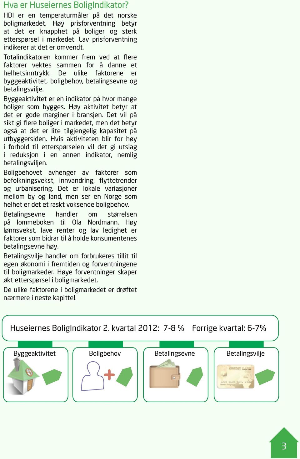 De ulike faktorene er byggeaktivitet, boligbehov, betalingsevne og betalingsvilje. Byggeaktivitet er en indikator på hvor mange boliger som bygges.