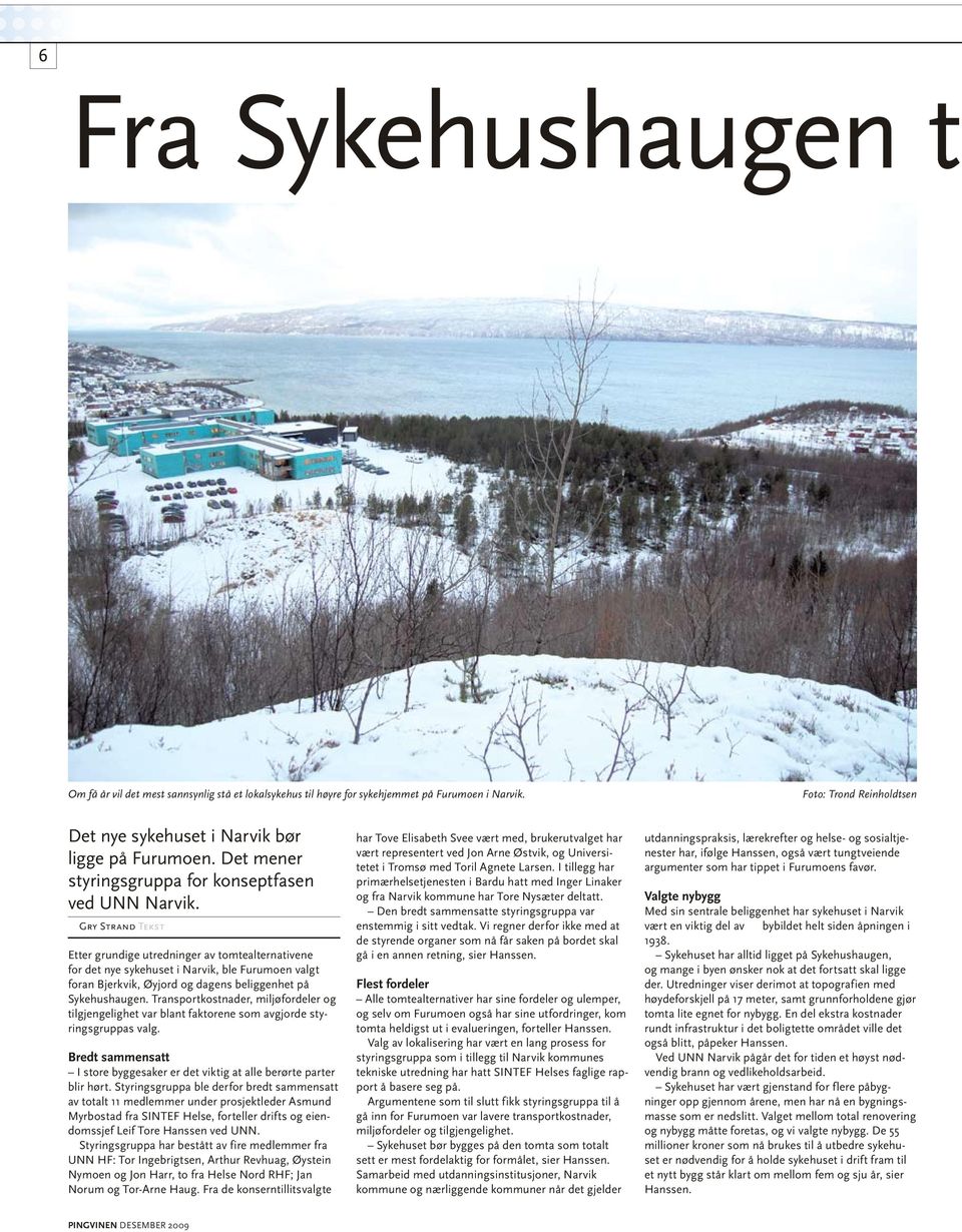 Gry Strand Tekst Etter grundige utredninger av tomtealternativene for det nye sykehuset i Narvik, ble Furumoen valgt foran Bjerkvik, Øyjord og dagens beliggenhet på Sykehushaugen.