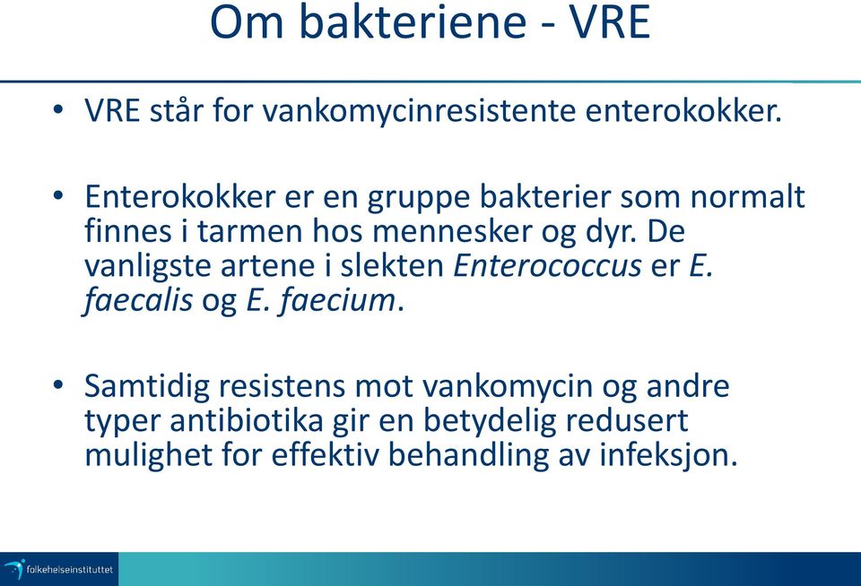 De vanligste artene i slekten Enterococcus er E. faecalis og E. faecium.