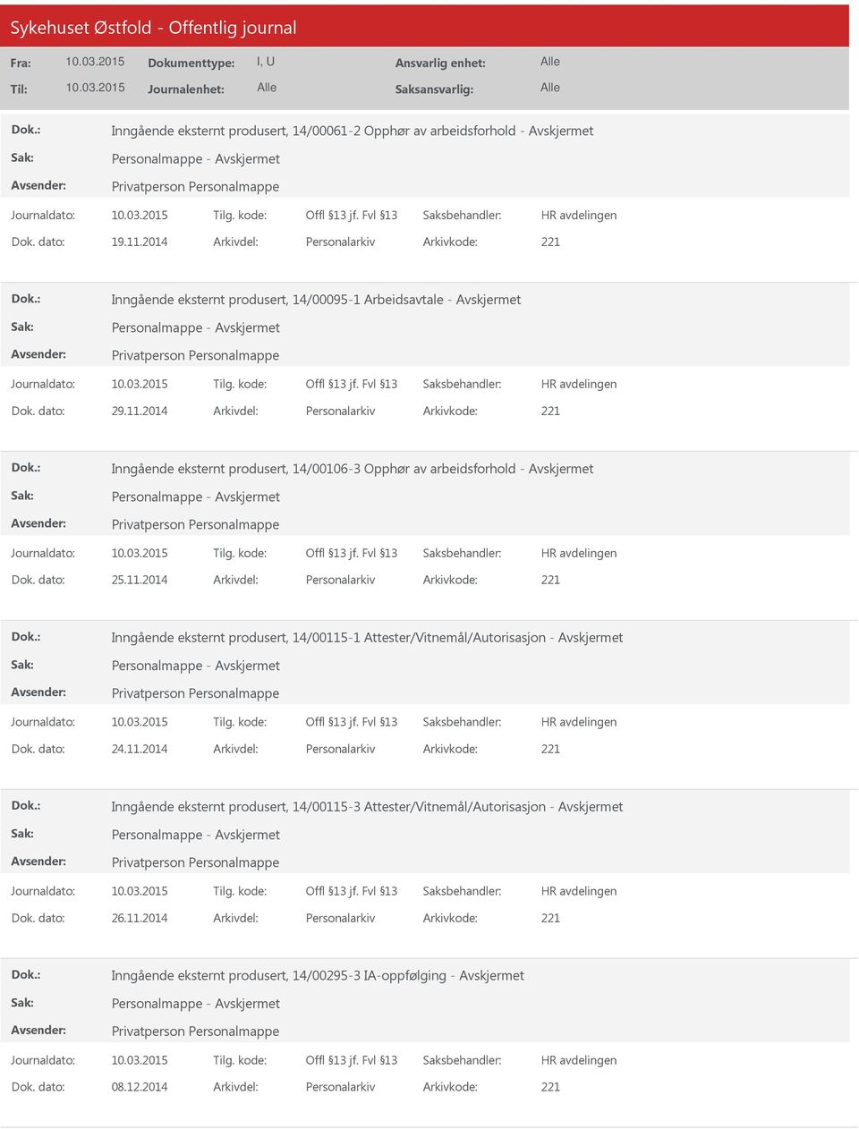 2014 Arkivdel: Personalarkiv Arkivkode: 221 Inngående eksternt produsert, 14/00106-3 Opphør av arbeidsforhold - Personalmappe - Dok. dato: 25.11.