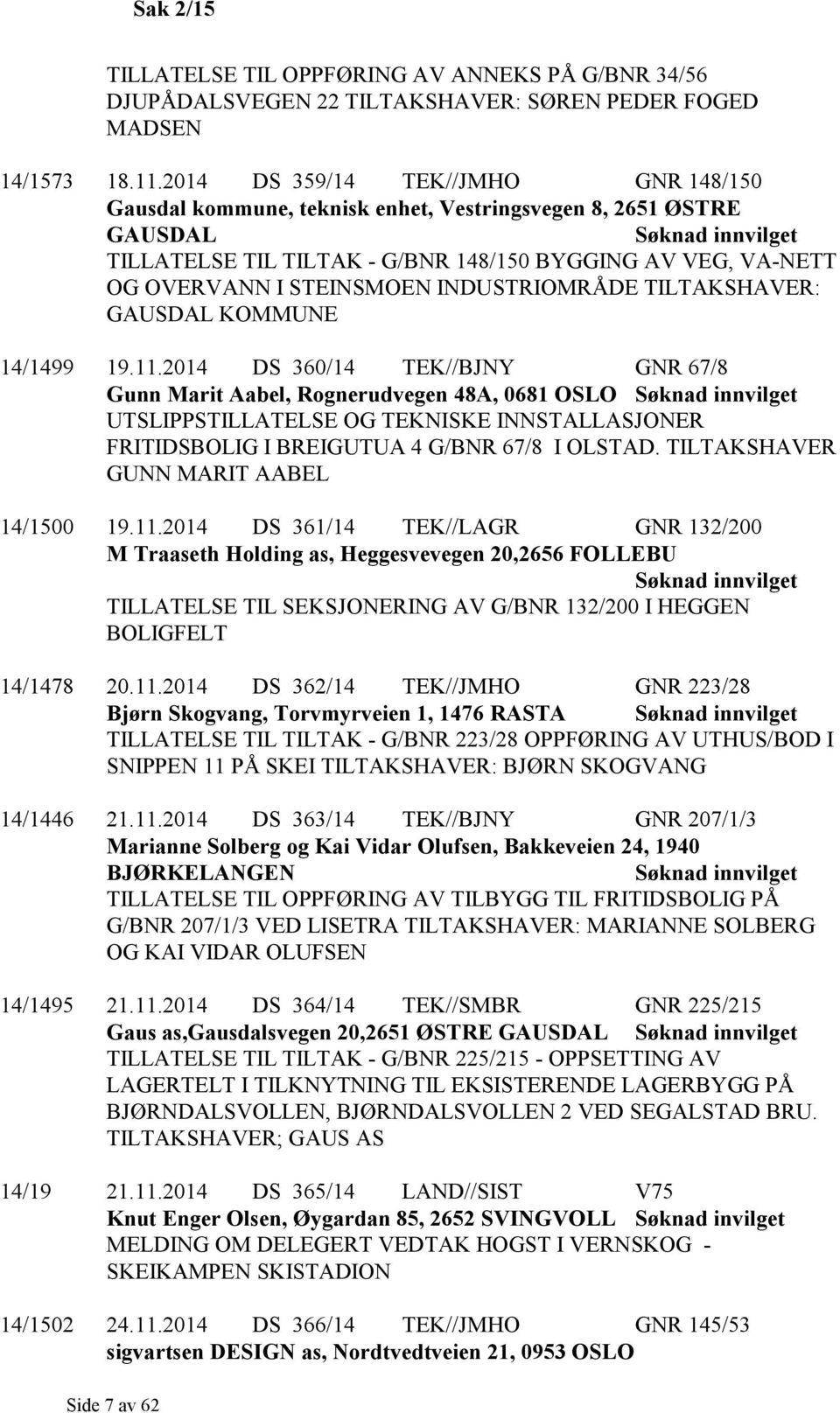 INDUSTRIOMRÅDE TILTAKSHAVER: GAUSDAL KOMMUNE 14/1499 19.11.