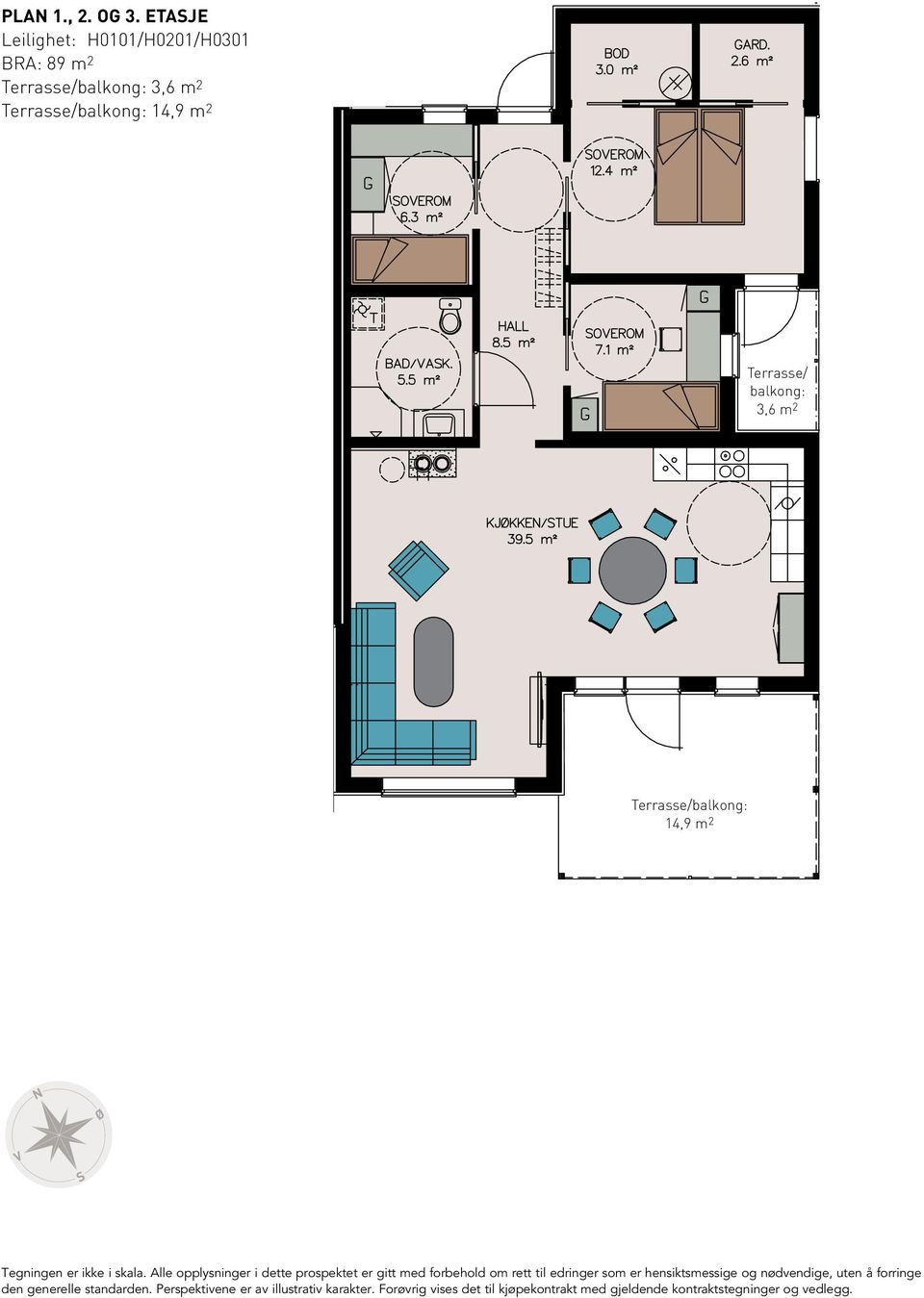 3,6 m 2 Terrasse/balkong: 14,9 m 2 N V Ø S Tegningen er ikke i skala.