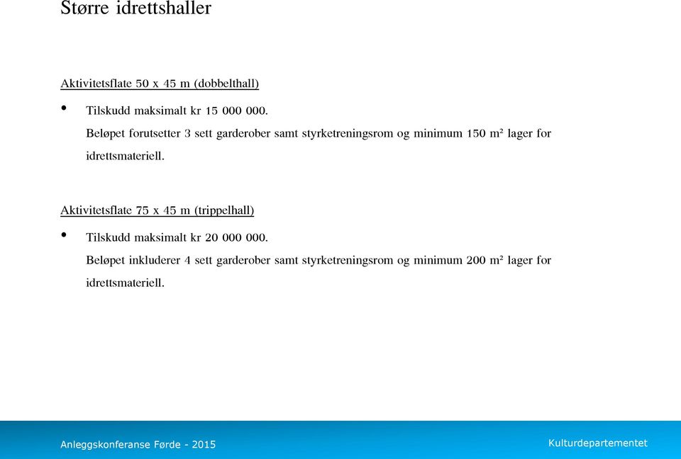 idrettsmateriell. Aktivitetsflate 75 x 45 m (trippelhall) Tilskudd maksimalt kr 20 000 000.