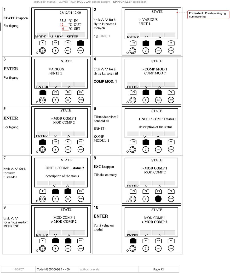 ESC HOME 5 STATE 6 STATE ENTER For tilgang > MOD COMP 1 MOD COMP 2 Tilstanden vises I henhold til ENHET 1 UNIT 1 / COMP 1 status 1 description of the status ENTER F1 F2 F3 F4 KOMP MODUL 1 F1 F2 F3 F4