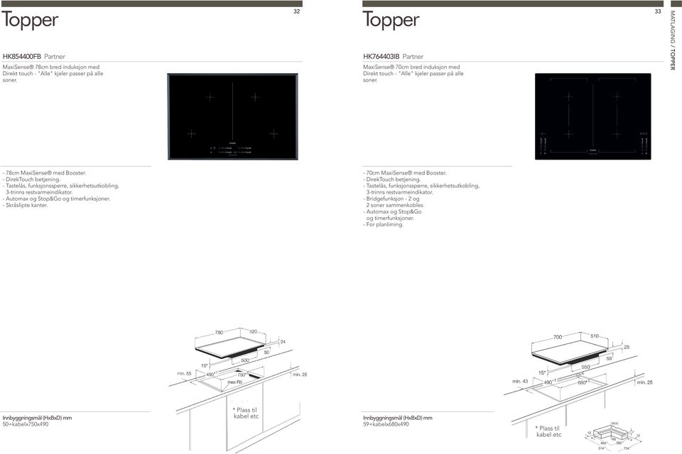 - Tastelås, funksjonssperre, sikkerhetsutkobling, 3-trinns restvarmeindikator. - Automax og Stop&Go og timerfunksjoner. - Skråslipte kanter. - 70cm MaxiSense med Booster.