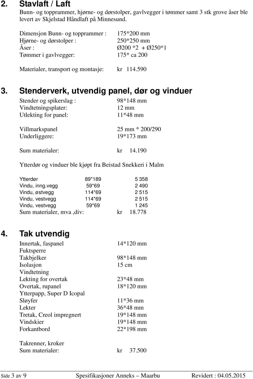 Stenderverk, utvendig panel, dør og vinduer Stender og spikerslag : Vindtetningsplater: Utlekting for panel: 98*148 mm 12 mm 11*48 mm Villmarkspanel 25 mm * 200/290 Underliggere: 19*173 mm Sum