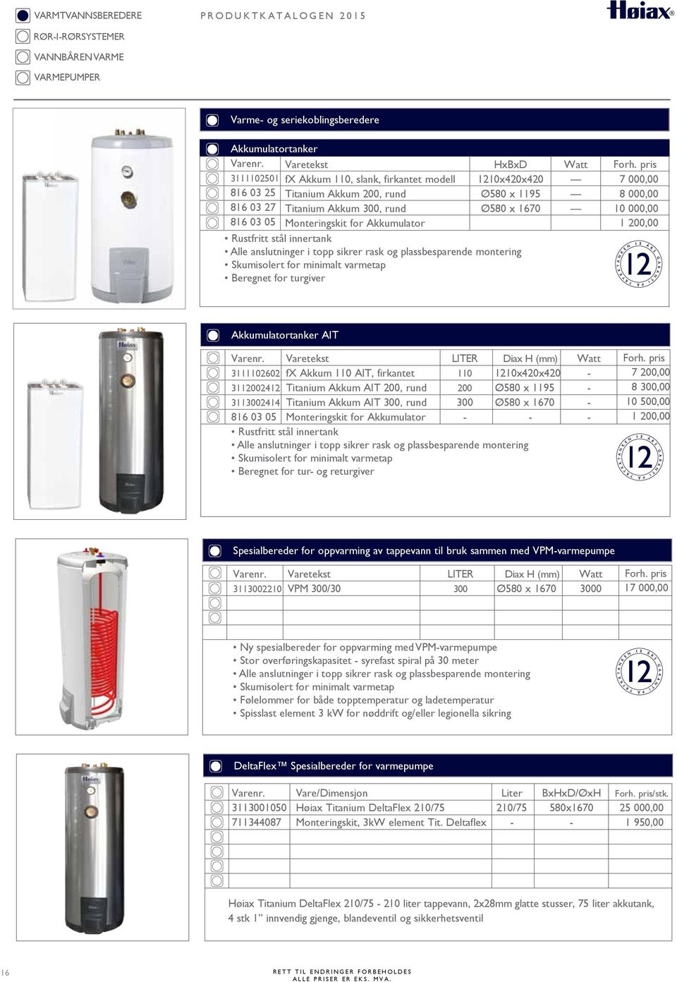 Skumisolert for minimalt varmetap Beregnet for turgiver Watt 7 000,00 8 000,00 10 000,00 1 200,00 Akkumulatortanker AIT 3111102602 3112002412 3113002414 816 03 05 Varetekst fx Akkum 110 AIT,