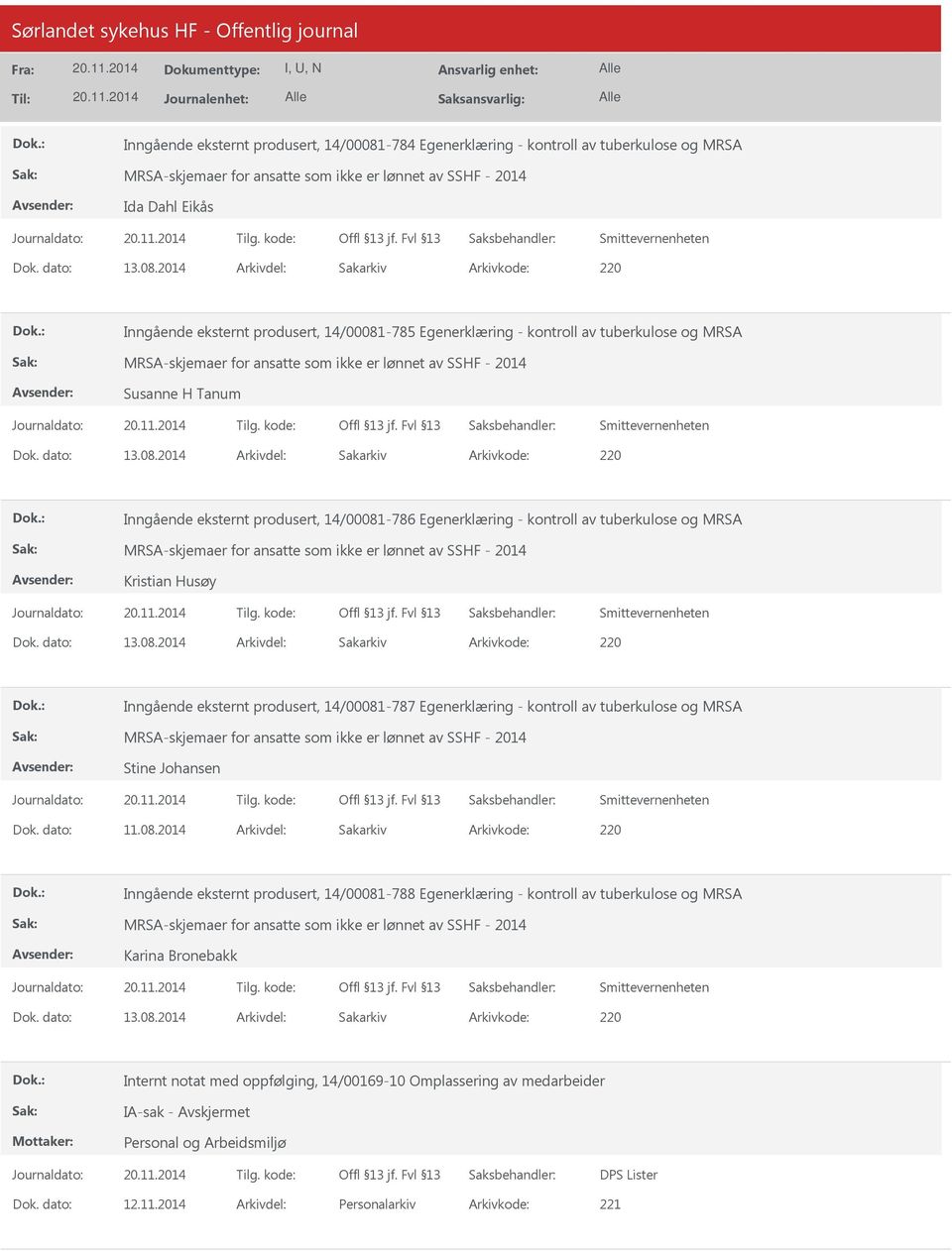 08.2014 Inngående eksternt produsert, 14/00081-788 Egenerklæring - kontroll av tuberkulose og MRSA Karina Bronebakk 13.08.2014 Internt notat med oppfølging, 14/00169-10 Omplassering av medarbeider IA-sak - DPS Lister 12.