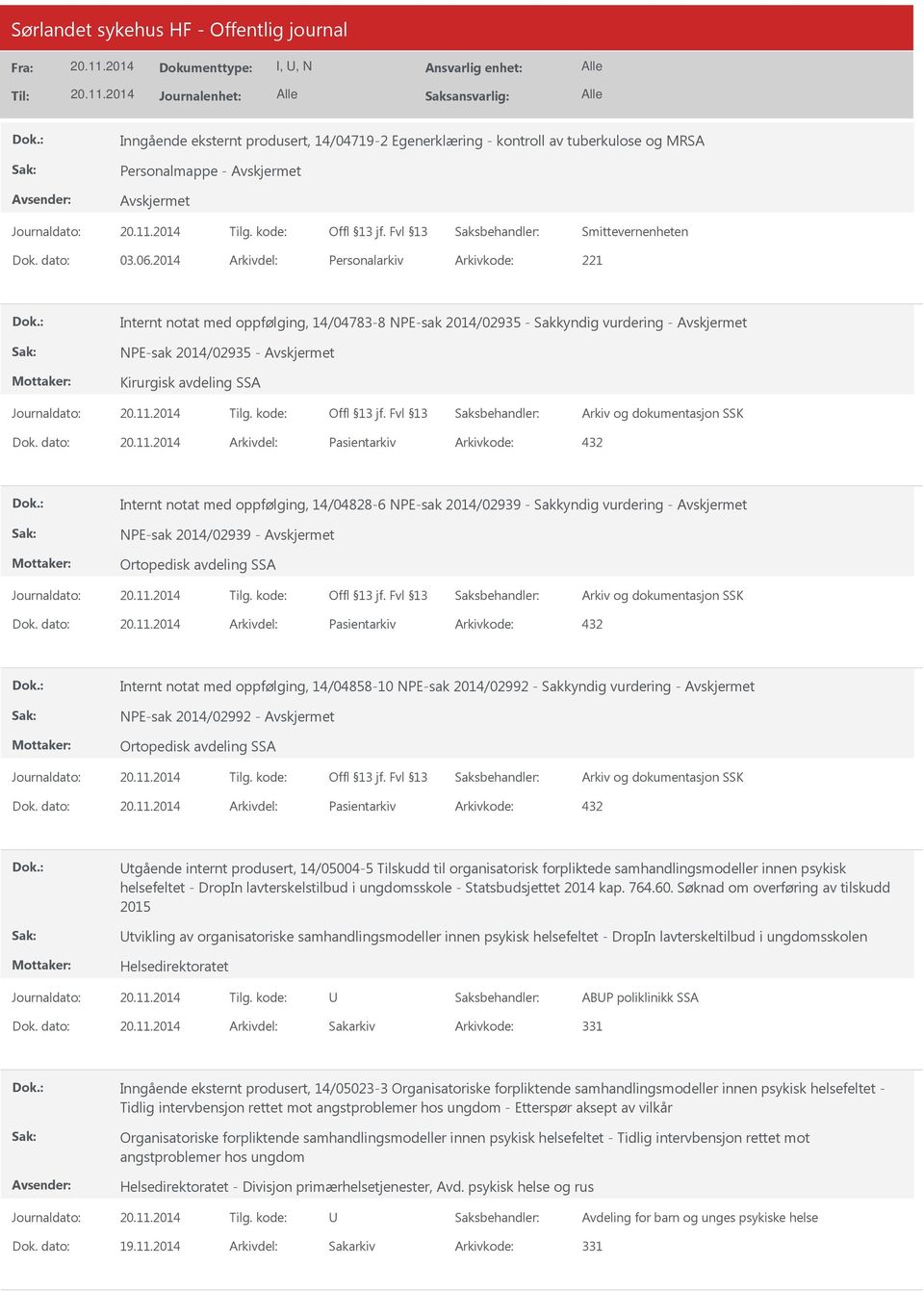 14/04828-6 NPE-sak 2014/02939 - Sakkyndig vurdering - NPE-sak 2014/02939 - Ortopedisk avdeling SSA Pasientarkiv 432 Internt notat med oppfølging, 14/04858-10 NPE-sak 2014/02992 - Sakkyndig vurdering