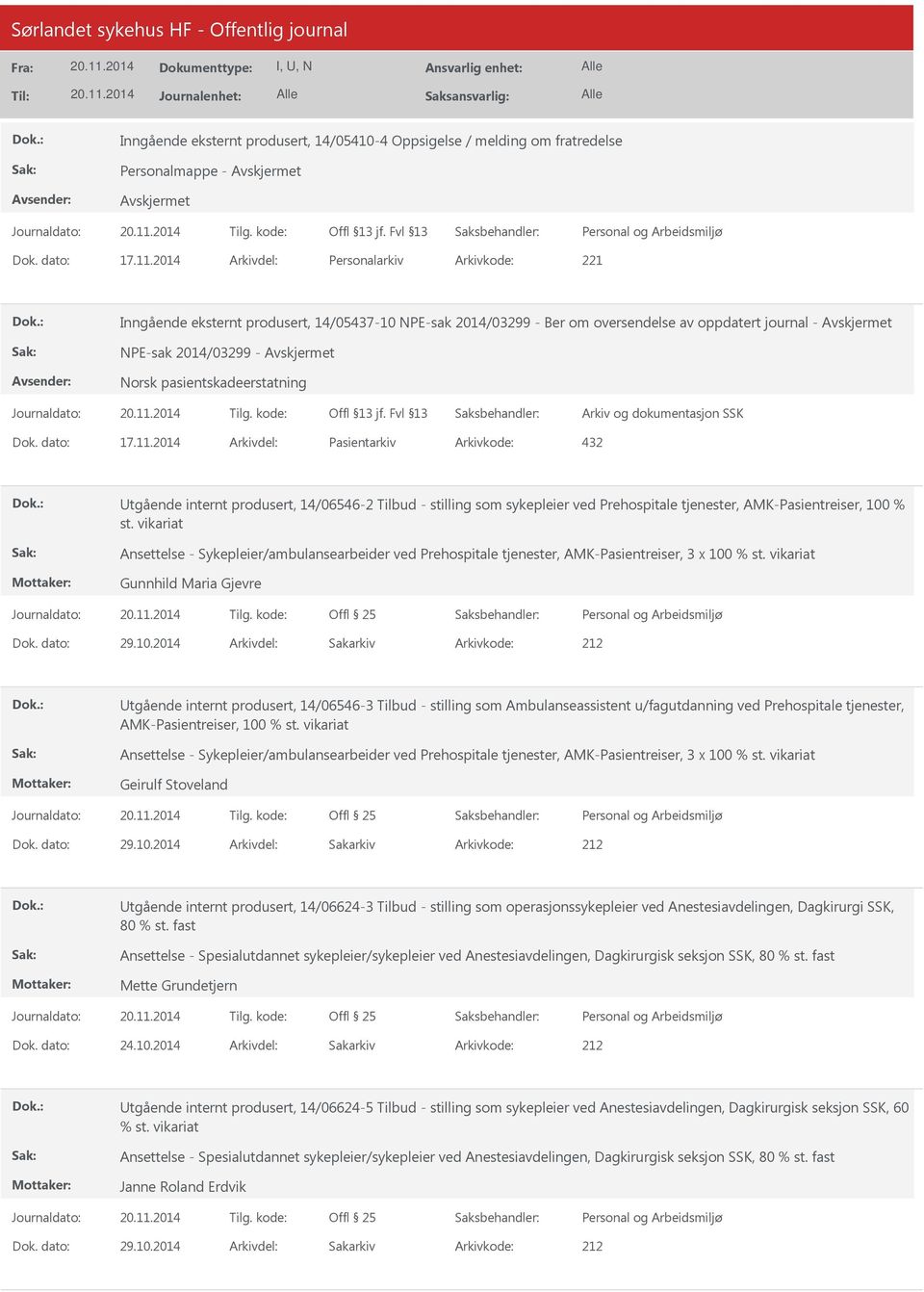 2014 Pasientarkiv 432 tgående internt produsert, 14/06546-2 Tilbud - stilling som sykepleier ved Prehospitale tjenester, AMK-Pasientreiser, 100 % st.