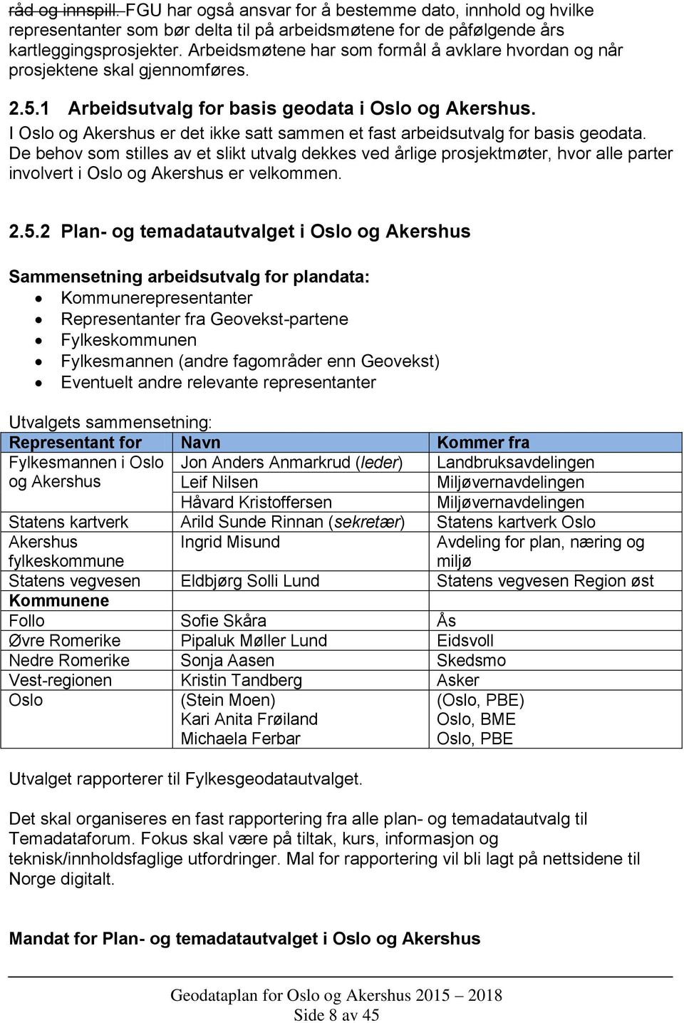 I Oslo og Akershus er det ikke satt sammen et fast arbeidsutvalg for basis geodata.