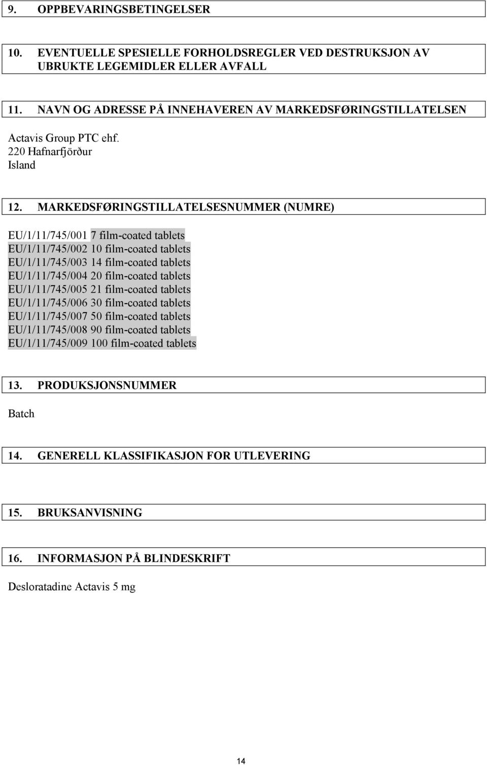 MARKEDSFØRINGSTILLATELSESNUMMER (NUMRE) EU/1/11/745/001 7 film-coated tablets EU/1/11/745/002 10 film-coated tablets EU/1/11/745/003 14 film-coated tablets EU/1/11/745/004 20 film-coated