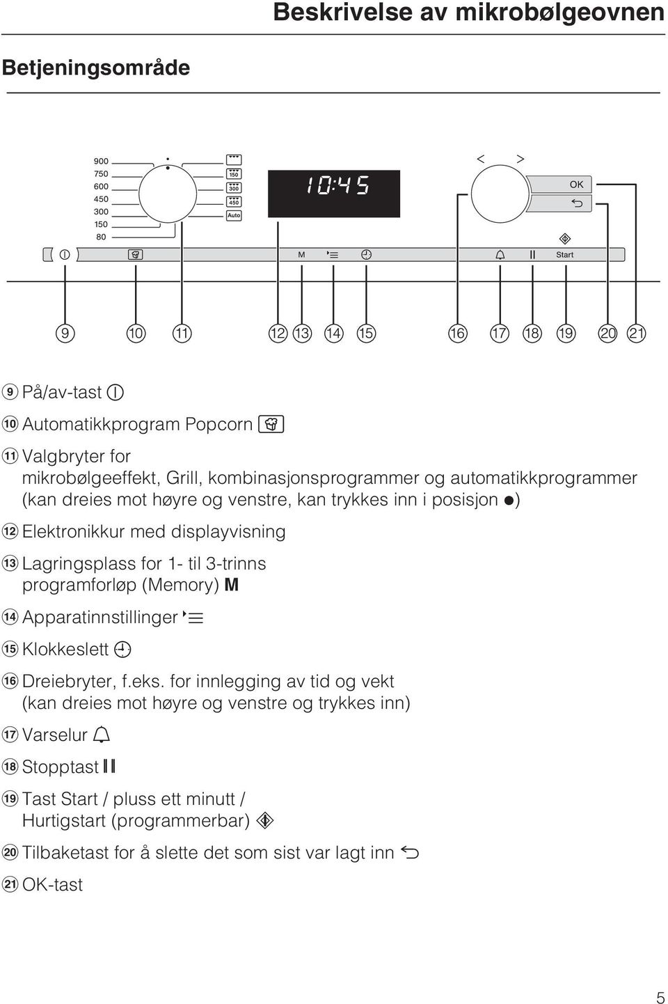 programforløp (Memory) M n Apparatinnstillinger o Klokkeslett p Dreiebryter, f.eks.