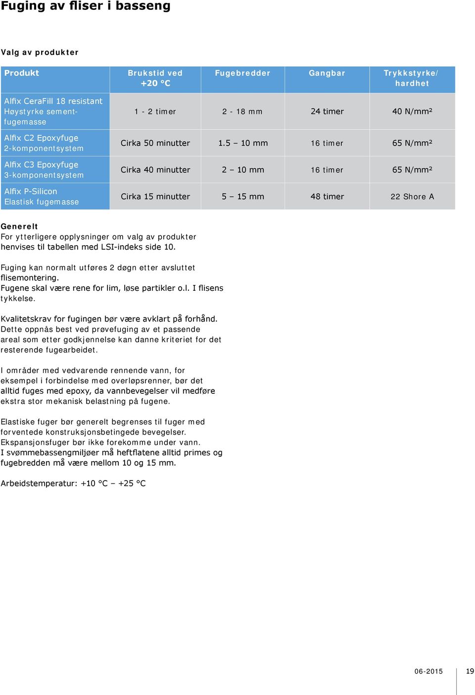 5 10 mm 16 timer 65 N/mm² Cirka 40 minutter 2 10 mm 16 timer 65 N/mm² Cirka 15 minutter 5 15 mm 48 timer 22 Shore A Generelt For ytterligere opplysninger om valg av produkter henvises til tabellen