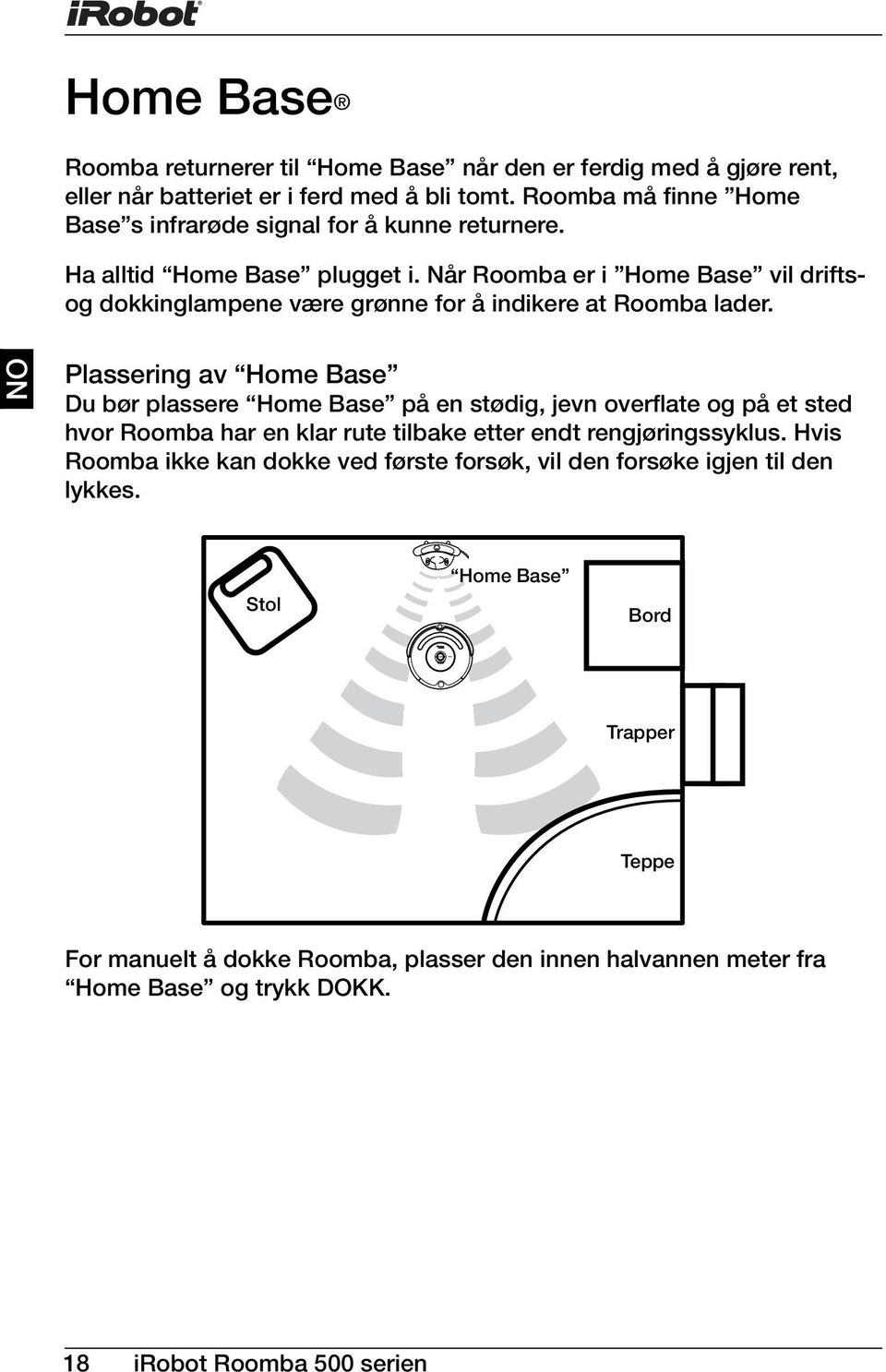 Når Roomba er i Home Base vil driftsog dokkinglampene være grønne for å indikere at Roomba lader.